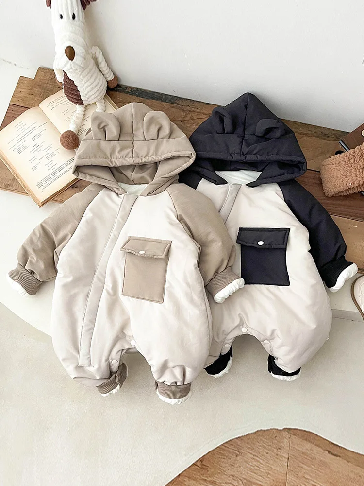 2025 Winter Neue Baby Plus Samt Starke Mit Kapuze Strampler Infant Junge Mädchen Zipper Overall Neugeborenen Kleinkind Patchwork Warme Kleidung