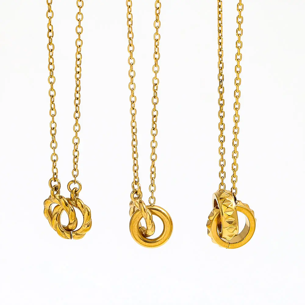 

Joolim Jewelry Wholesale No Fade Dainty Corner Cross Chain Double Rivets Twist Circle Pendant Stainless Steel Necklace for Women