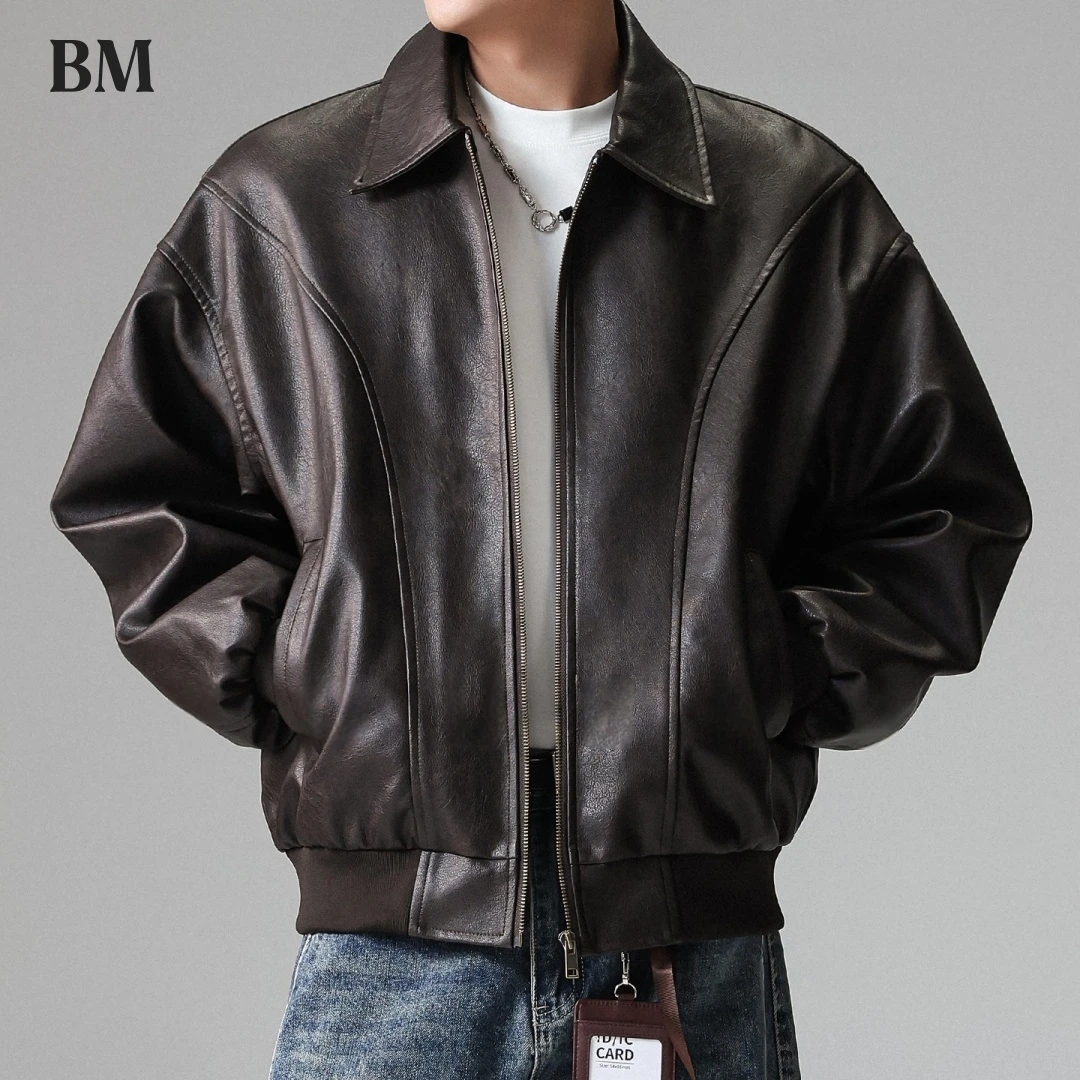 Mens Motorcycle Leather Jacket American Vintage Distressed Notch Collar Spring Autumn Casual Oversized Outerwear Fashion Coat