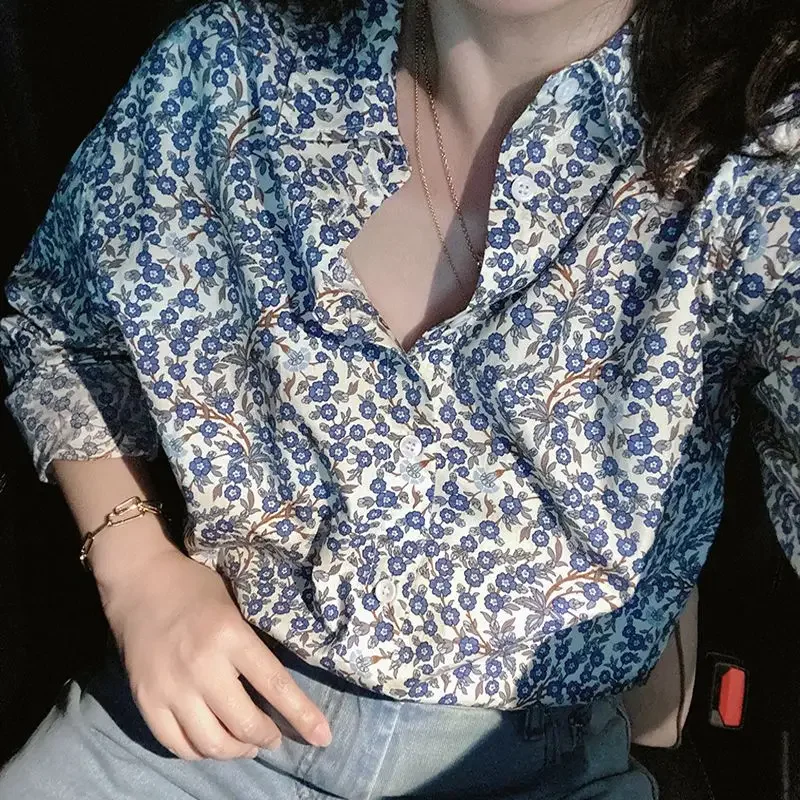 Camisa holgada con estampado Vintage para mujer, Blusa de manga larga con cuello de Polo Floral que combina con todo, ropa elegante de moda,