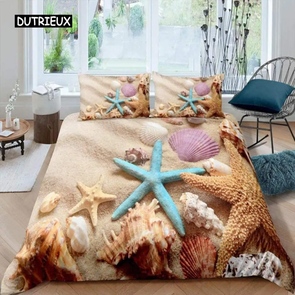 Shell Duvet Cover Hawaii Tropical Landscape Shell Bedding Set Microfiber 2/3 Pcs Marine Life Theme Double Queen King Quilt Cover