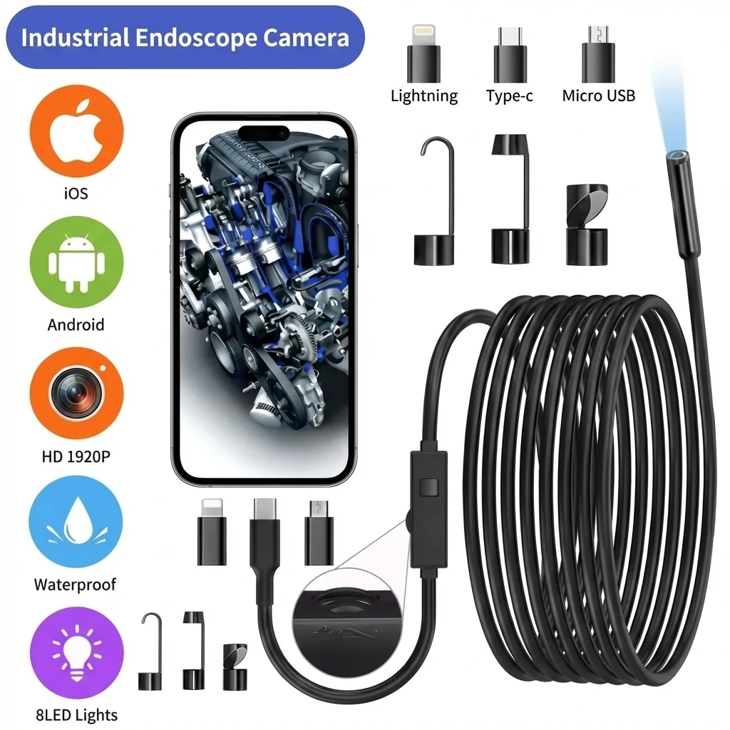 1920P HD 3 in 1 Endoscope Camera for iPhone Android Type-C HD IP67 Waterproof Borescope Single/Dual Lens Inspection Camera