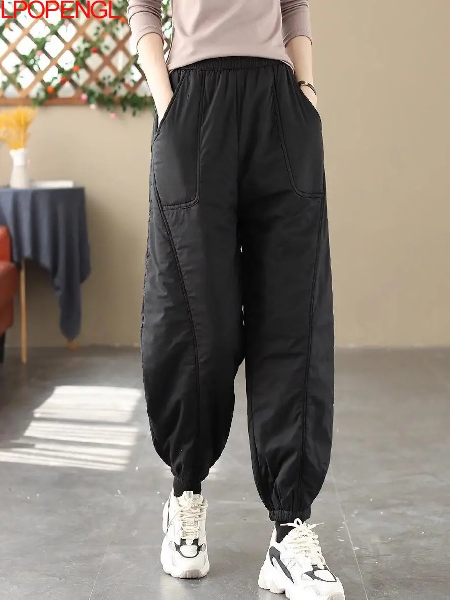 Modne, jednokolorowe, grube bawełniane spodnie typu lantern, codzienne, ciepłe, zimowe, nowość 2025, luźne, z elastyczną talią, codzienne spodnie bawełniane.