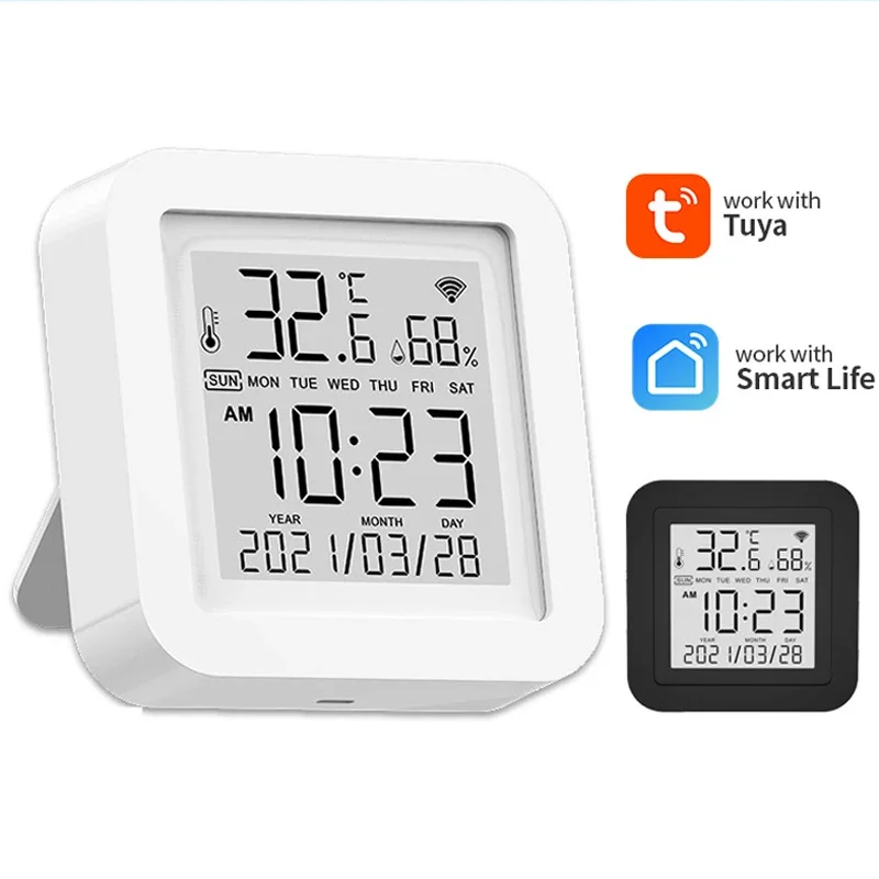 WiFi Smart Thermometer Temperature and Humidity Sensor Meter LCD Screen Home Security Remote Control Hygrometer Wall Clock