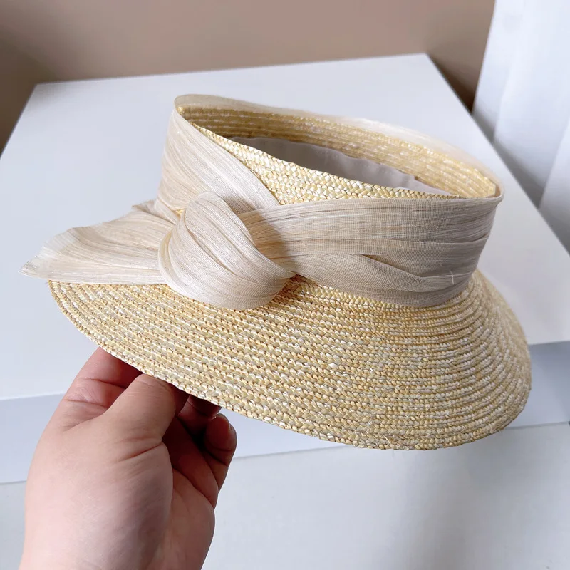 Light luxury silk hemp straw empty top hat women's summer sun protection straw hat fashion retro topless shade basin hat