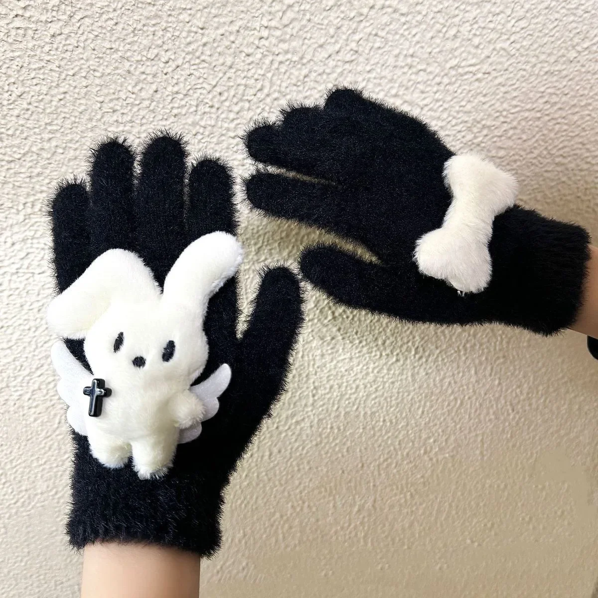 1Pair Cross Rabbit Angel Wing Bone Full Finger Gloves for Women  Knit Wrist Cotton Winter Warm Outdoor Gothic Lolita Mittens