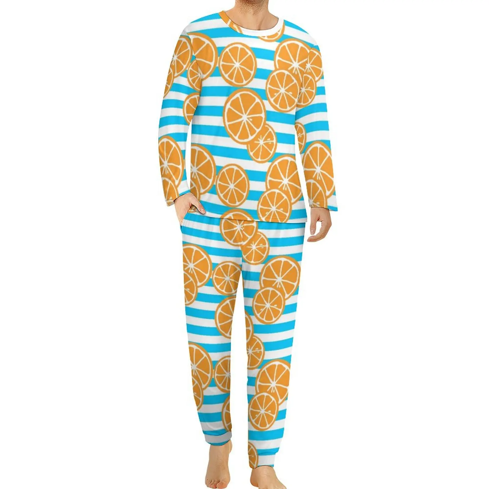 Oranges Slices Pajamas Men White and Blue Stripes Home Suit Spring Long-Sleeve 2 Pieces Leisure Graphic Pajama Sets Large Size