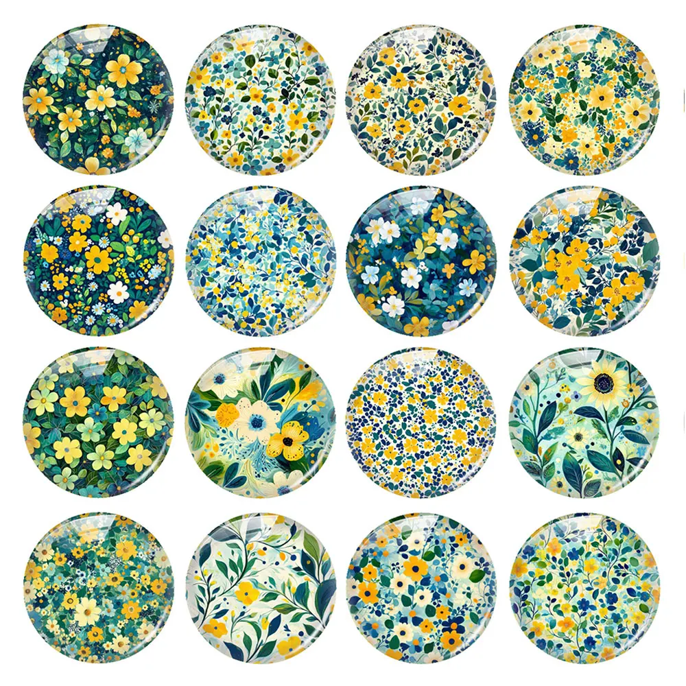 Random Mixed Round/Oval/Square Green Yellow Floral Wildflower Photo Glass Cabochon Flatback Demo Cameo For Diy Jewelry Making
