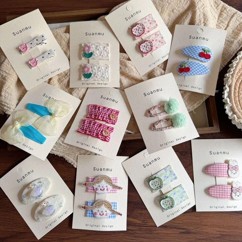 Korean Style Sweet Floral Fabric Hair Clips for Girls Lace Embroidered Mini Snap BarrettesCute BB Clips for Baby Kids Side Bangs