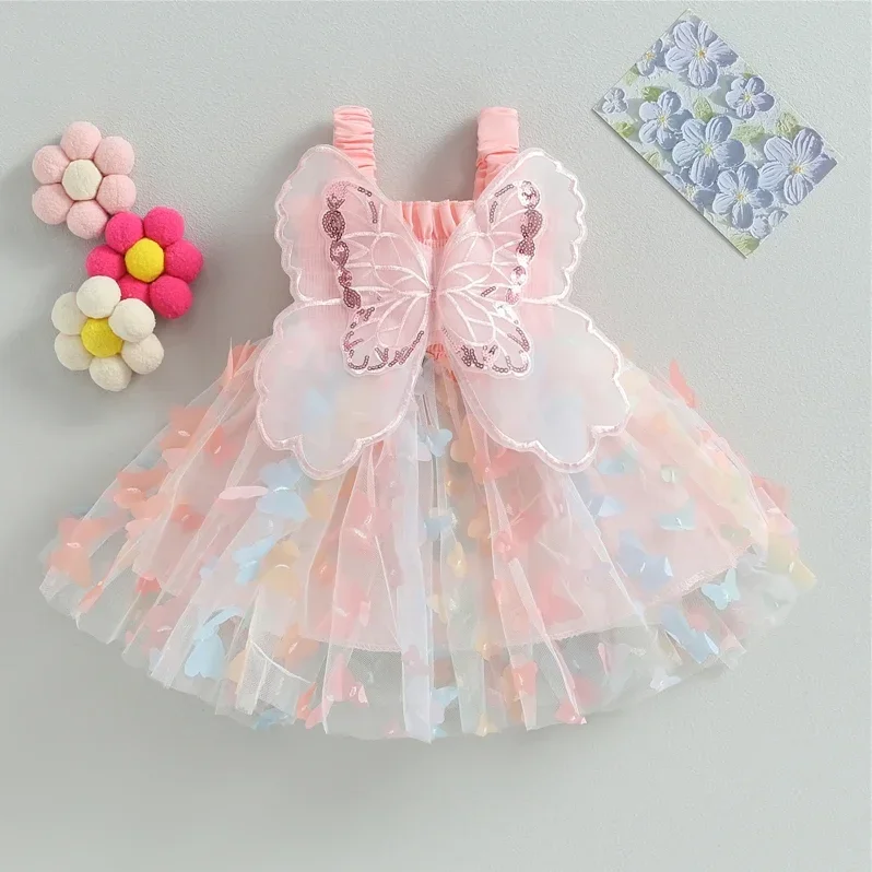 Summer Girl\'s Dress Sweet Suspender Wrap Waist Colorful Butterfly Mesh Back Big Wings Princess Skirt Suitable for Aged 80-110