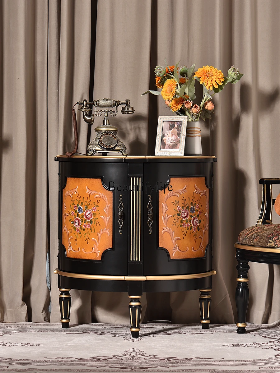 

American Country Retro Painted Corner Table Side Cabinet Decorative Semicircle Wall Hallway Black Storage Locker