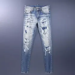 Jeans azul retrô rasgado masculino, Stretch, Skinny, Fit, remendado, Designer, Hip Hop, Brand Pants, High Street Fashion