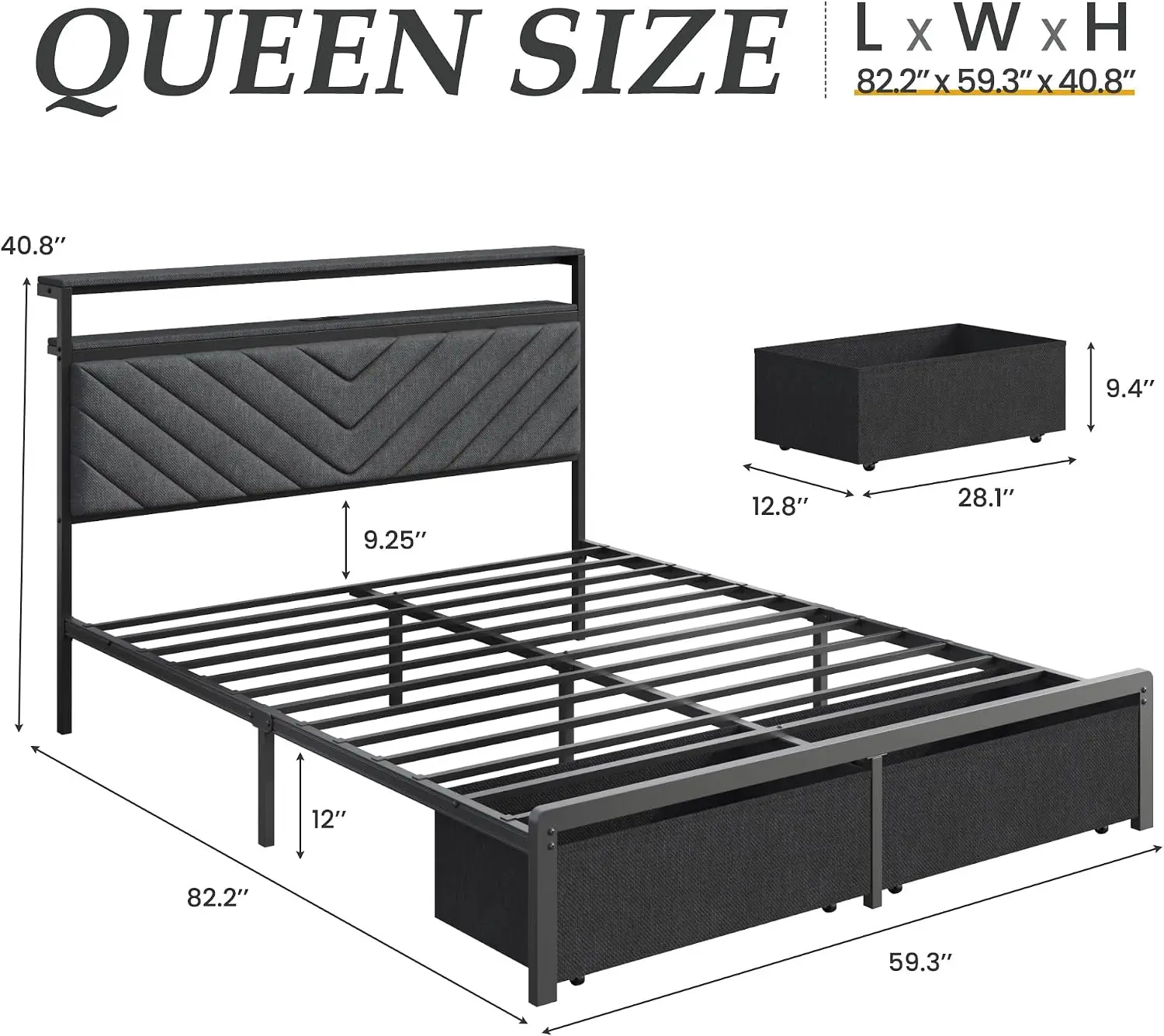 Queen Bed Frame with 2 Drawers, Upholstered Headboard with Storage and Charging Station, LED Lights, Fabric Drawers