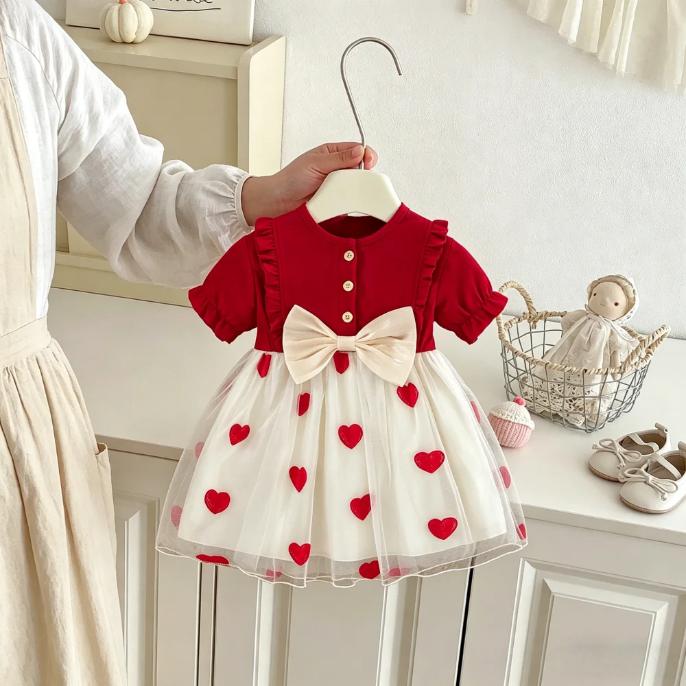 Girl Dress Summer Love Mesh Short Sleeve Baby Girl Dress Cute Princess Baby Dress Baby Girl Clothing ﻿