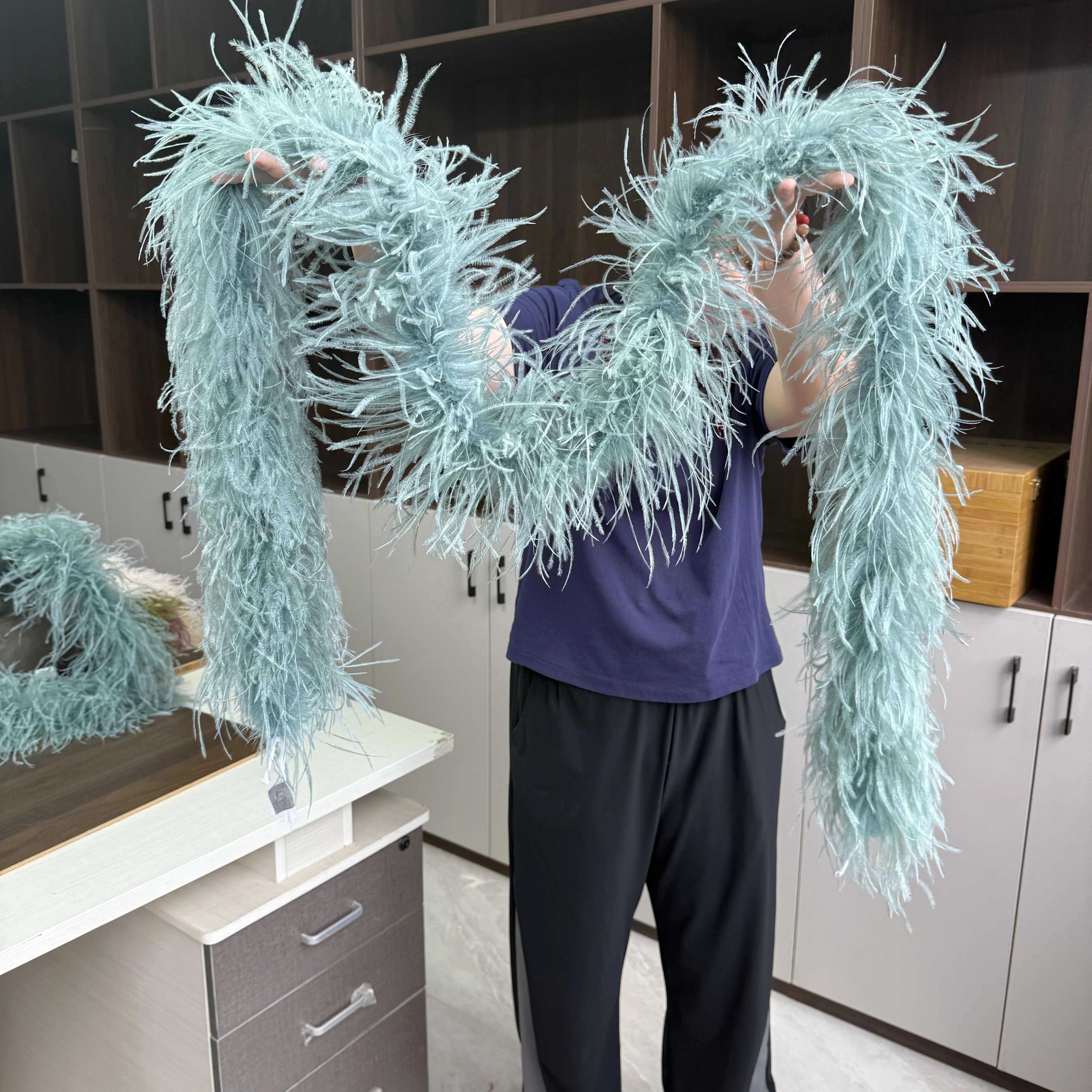 6 Ply Gray Green Ostrich Feather Boa Fluffy Scarf Wrap Stole for Mardi Gras Wedding Carnival Dress Sewing DIY Trim 0.5M to 4M