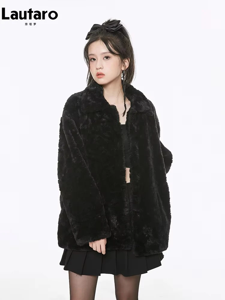 Lautaro-Soft Black Faux Rabbit Fur Coat for Women, Fluffy Jacket, Thick and Warm, Furry, Casual and Sweet, Luxury Warm, Winter