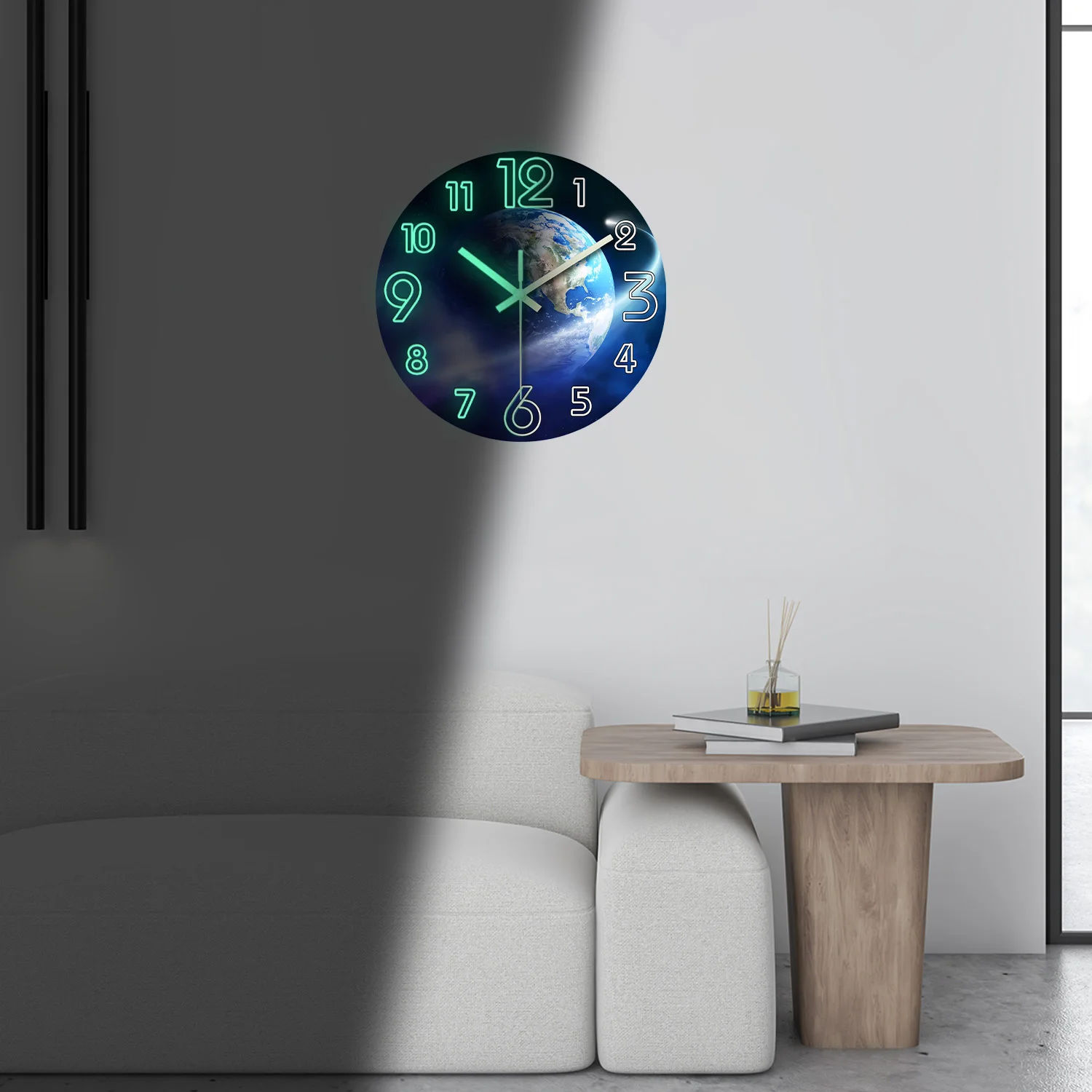 Creative Earth Luminous Wooden Wall Clock Living Room Bedroom Kitchen Home Decoration Wall Clock Silent Quartz Clock Holiday Gift 12 Inches 14 Inches 16inch (Without Battery)