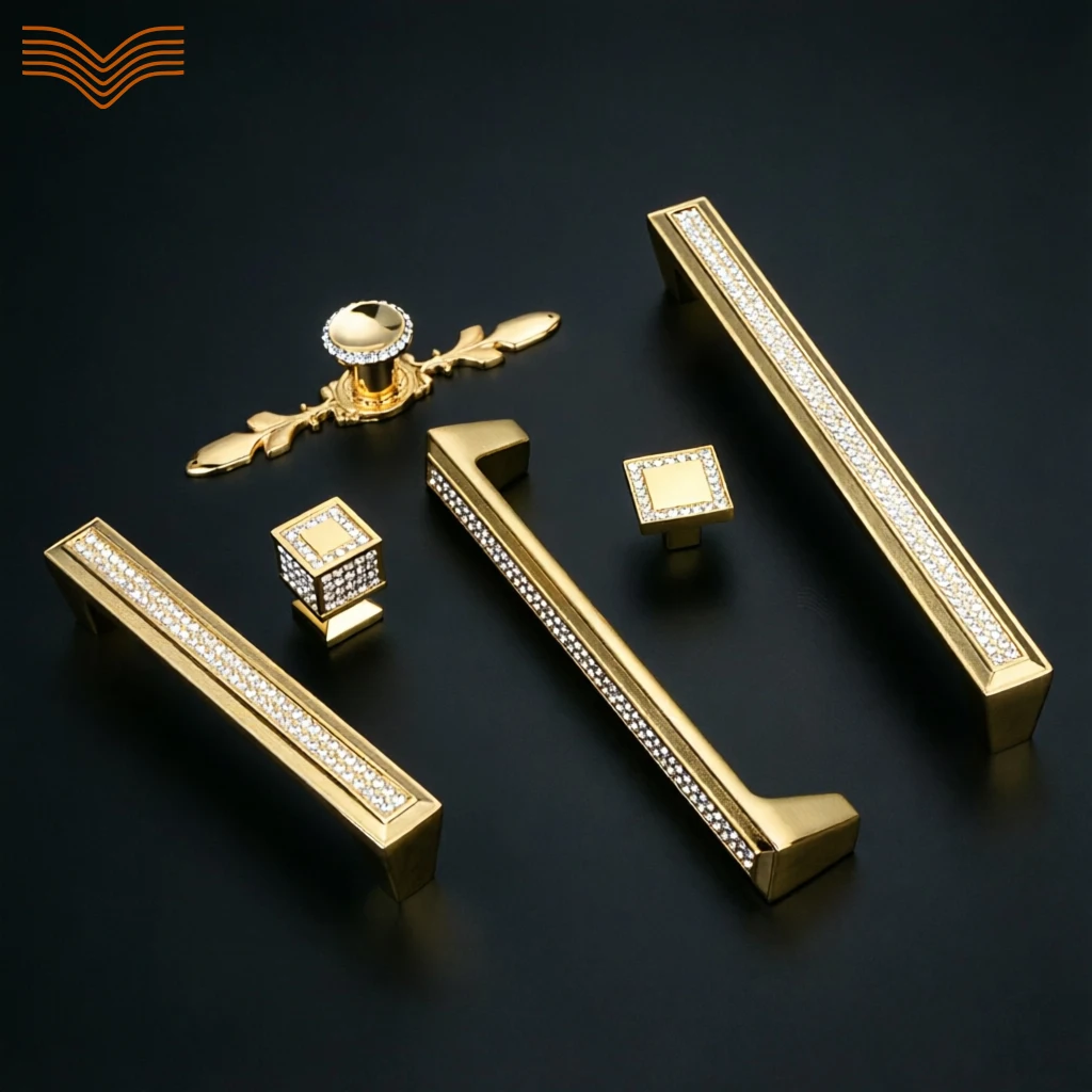 French Gold Crystal Cabinet Pulls Full Rhinestone Diamond Wardrobe Handles Square Single Hole Knobs Cupboard Drawer Wine Cabinet