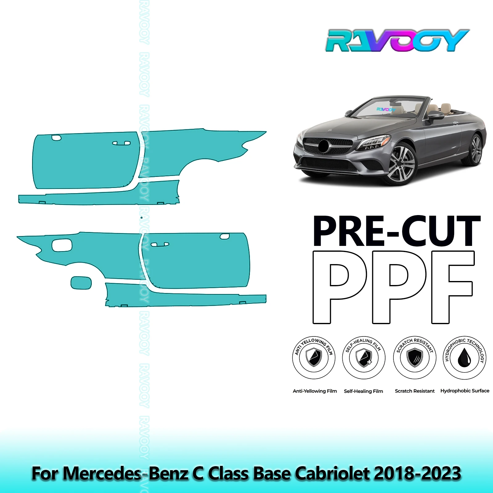 

For Mercedes-Benz C Class Base Cabriolet 2018-2023 8.5mil Pre-Cut PPF Door & A/B Pillar Kit TPU Paint Protection Film Set