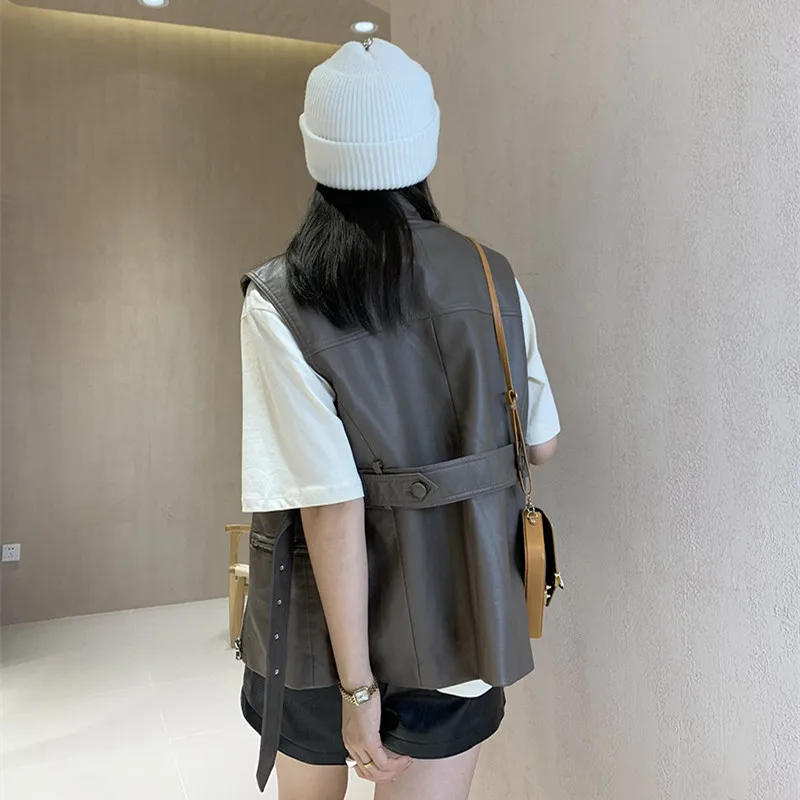 2024 Spring Korean Stand Collar Sleeveless Faux PU Leather Vest With Sashes Casual Chaqueta Cuero Mujer Brown Female Waistcoat