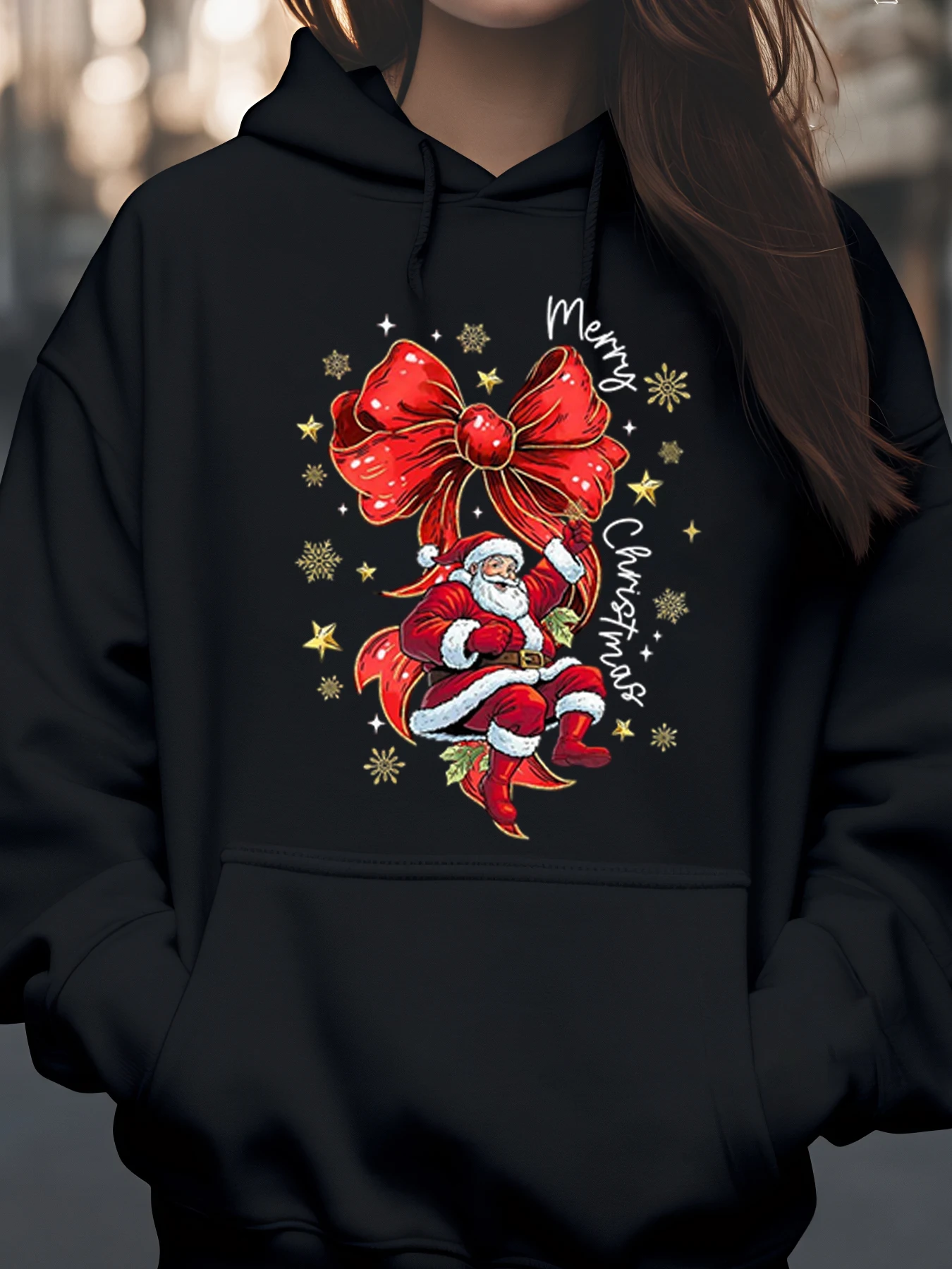 Santa Claus Red Bow Merry Christmas Print Hoodie Holiday Casual Wear Women