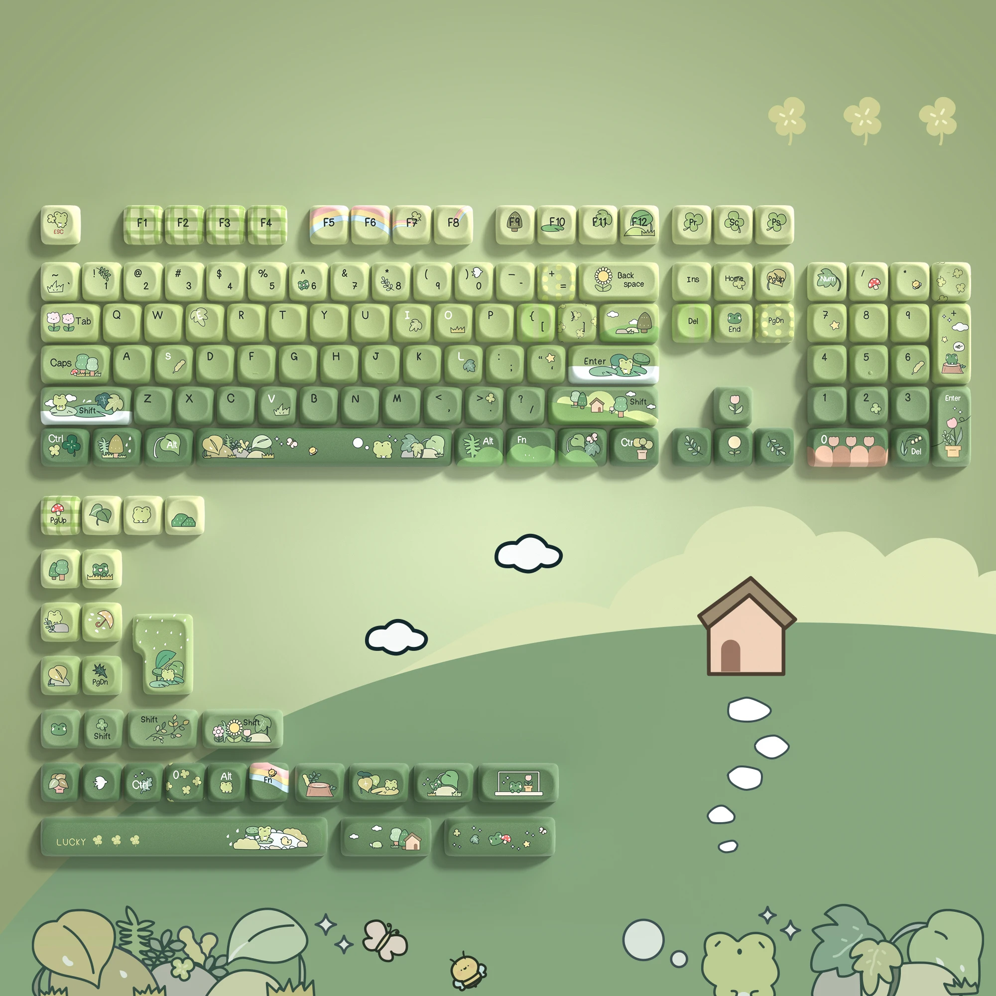 132 Keys Green 5 Sides Dye Sublimation PBT Keycaps Cute MOA Profile Keycaps for Cherry Gateron MX Switches Mechanical Keyboards