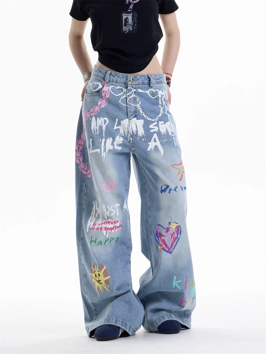 Pantalones vaqueros holgados Y2k con dibujo grafiti para mujer, pantalones Vintage Harajuku, estilo japonés de los años 2000, pantalones vaqueros de gran tamaño de Hip Hop, ropa