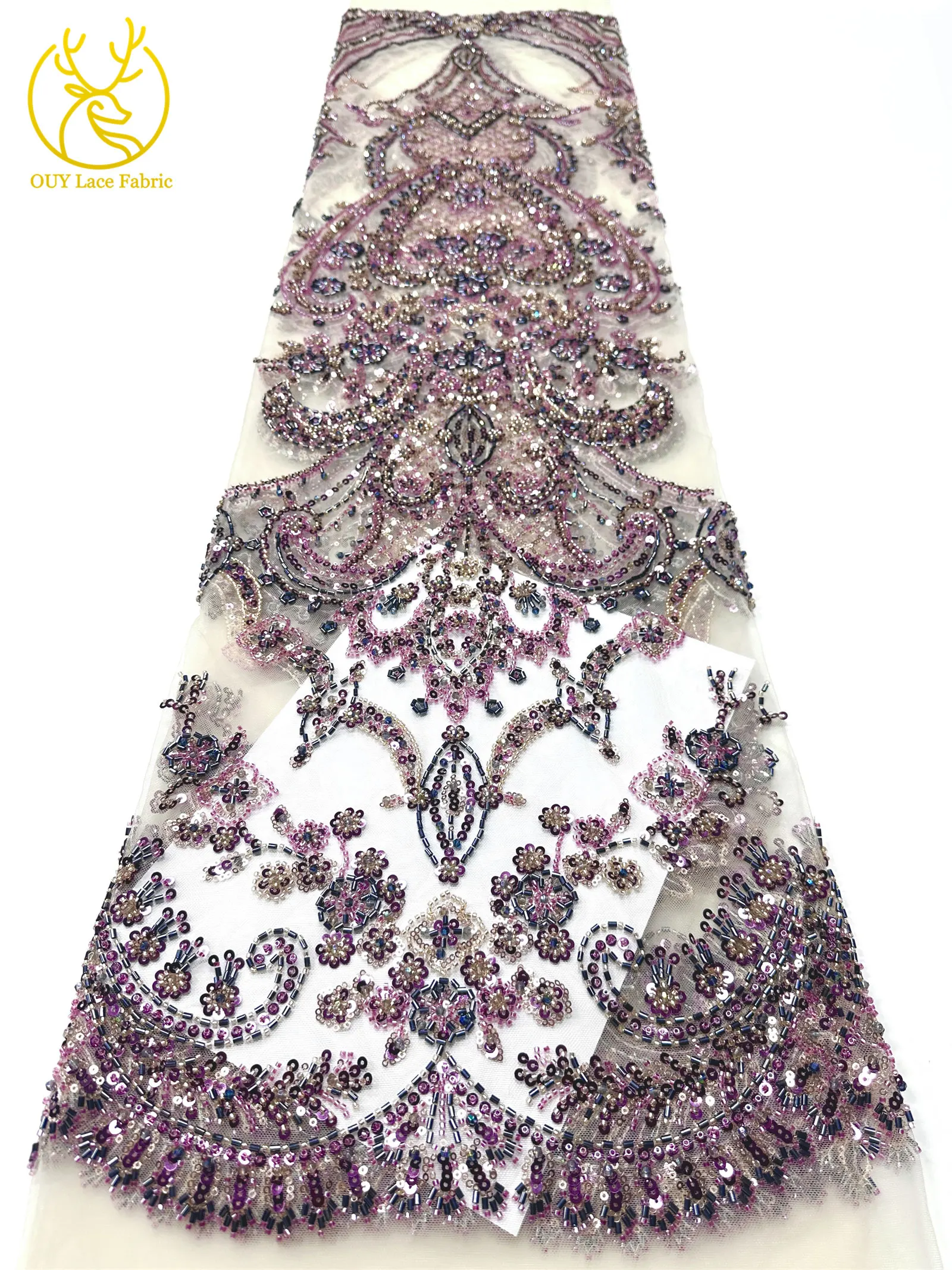 Pfirsichfarbener, hochwertiger, eleganter afrikanischer Brautkleidstoff mit Stickerei und Perlen, 2026 Nigerianische Pailletten-Spitze für Abendkleider und Hochzeitskleider zum Nähen – Detail 10