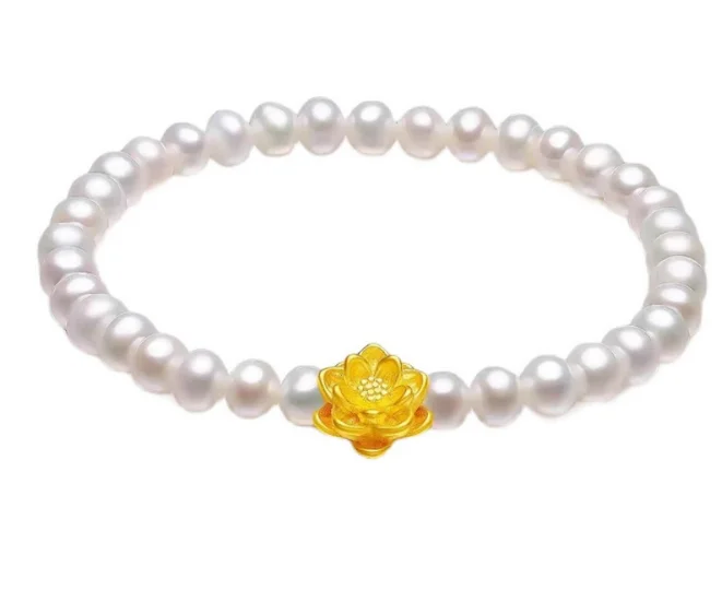 

24k gold charm bracelet gold bracelet 999 real gold lotus charms + pearl +gold beads bracelet for women 0.2g lotus