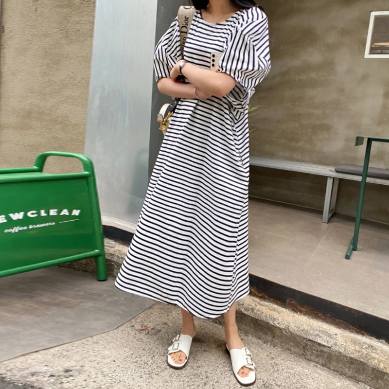 Johnature 2024 New Striped Dresses For Women Summer Korean Casual O-neck Puff Sleeve Loose Simple T-Shirt Dresses