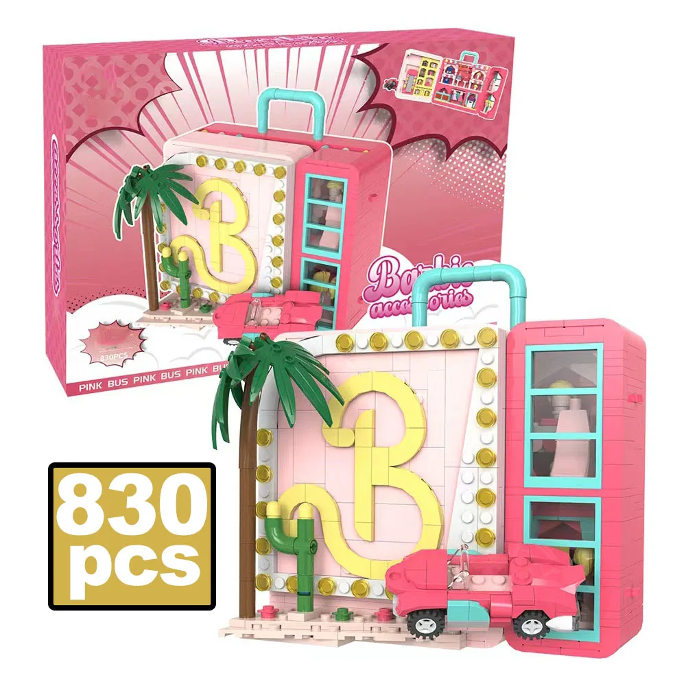 830PCS Dream Wardrobe Model Building Blocks MOC Pink Hand Luggage Clothes Hats Skirts Bricks Toys for Girls Christmas DIY Gifts