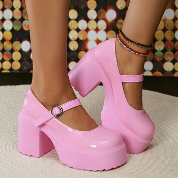 여성용 청키 힐 메리 제인 펌프, 우아한 플랫폼 하이힐 펌프, 여성용 특허 가죽 버클 스트랩, 로리타 신발 플러스 사이즈 