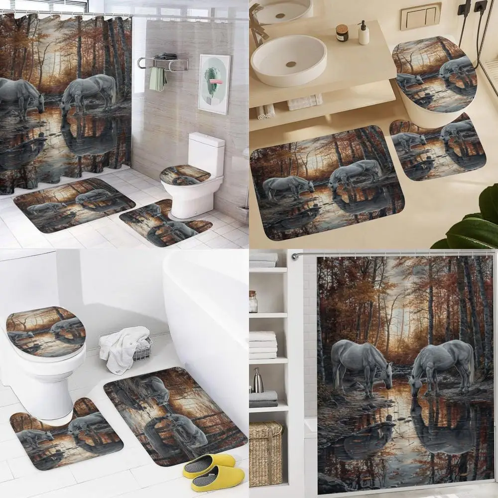 

Душевой набор «Белая лошадь» в стиле природы: коврик, чехол для унитаза и коврик для ванной.