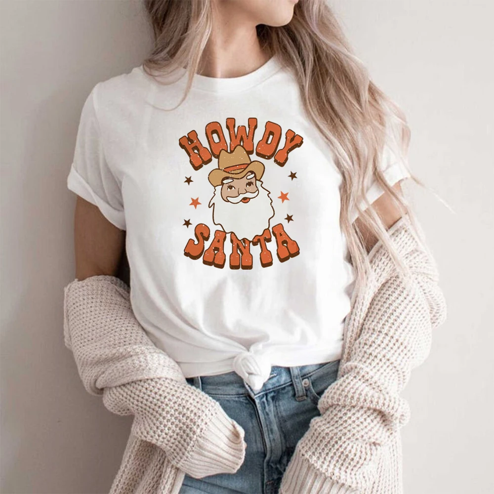 

Retro Christmas T-Shirt Howdy Santa Western Shirt Vintage Santa Christmas Tee Cute Cowboy Country Shirts Xmas Party Holiday Top