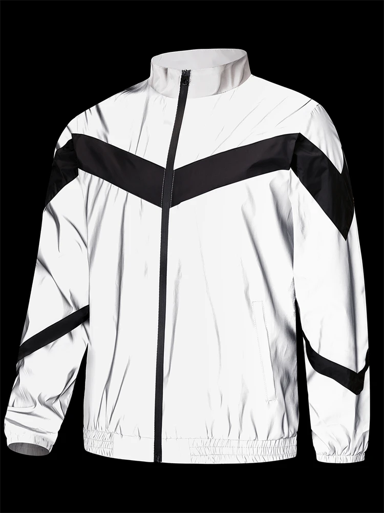Night Reflective Jacket Men's Fashion Stand Collar Splicing Spring Autumn Casual Jacket Trendy Hip-hop Dance Streetwear