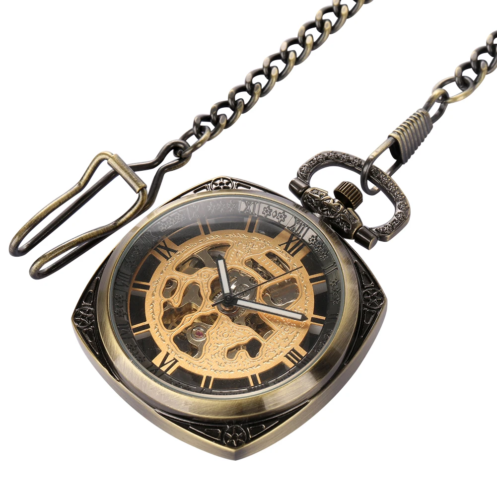 Elegant Bronze Roman Numerals Open Face Mechanical Pocket Watch Men Square Shaped Fob Chain Pocket Clock Vintage Timepiece Gift