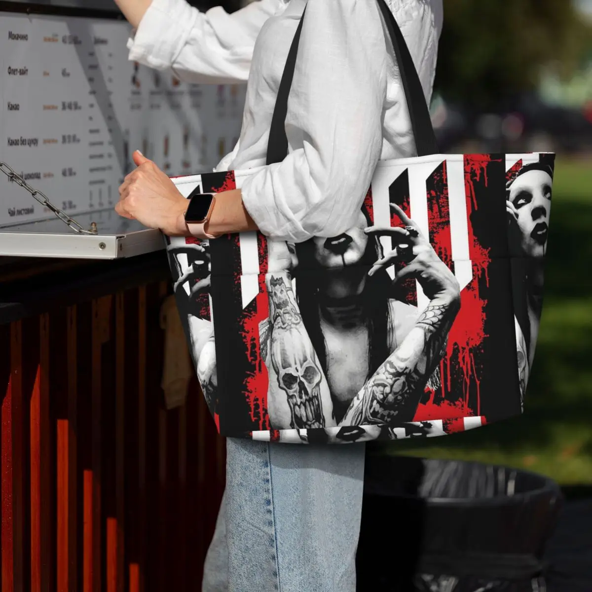 

Marilyn Manson Glitch Fan Gift Music Beach Tote Bag Sport Gym Yoga Duffle Large Tote Bag Women Travel Bag Fitness bag