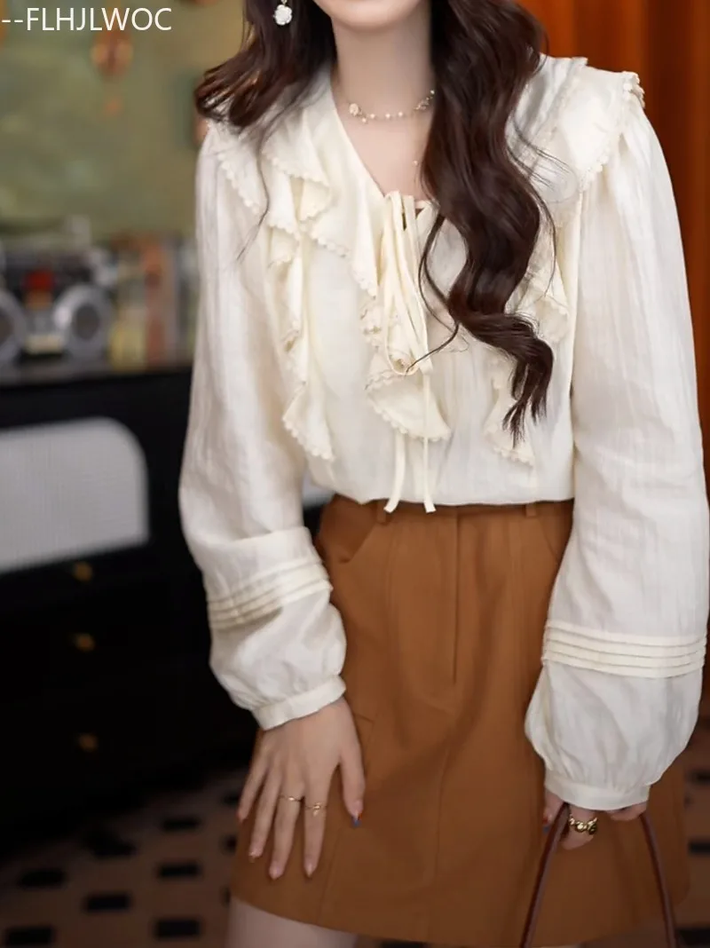 Hot Sales Bow Tie Ruffles Tops Blusas 2025 Cute Sweet Girls Chic Korea Fashion Clothes Solid Cotton Blends Women Shirts Blouses