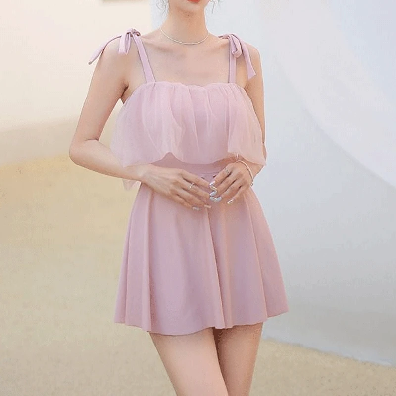 2023 Summer Korean New One Piece Sexy Solid Color Swimming Dress Conservative Open Back Sling Elegant Beach Swimwear Bathwear