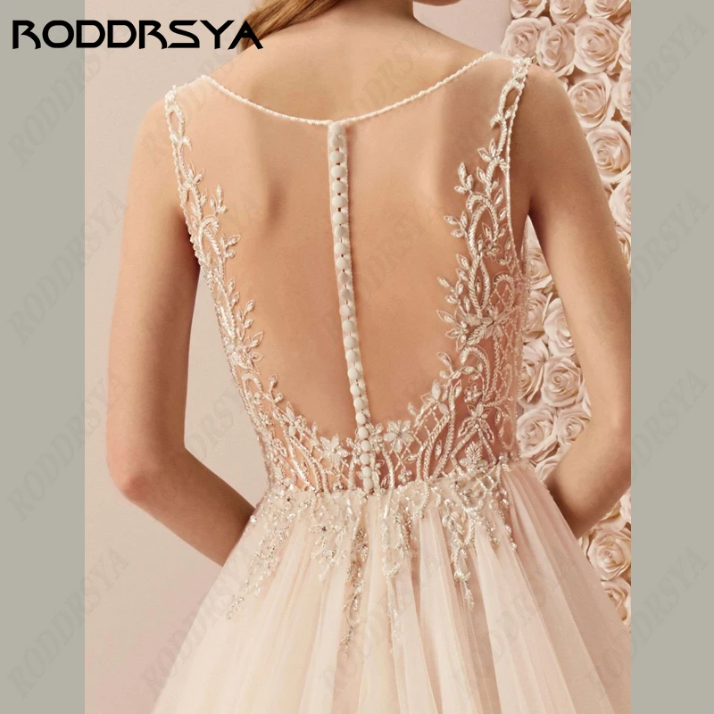 RODDRSYA V-Neck Tulle Wedding Dresses Illusion Button Back Vestidos De Novia Appliques Lace A-Line Bridal Gowns Custom Made