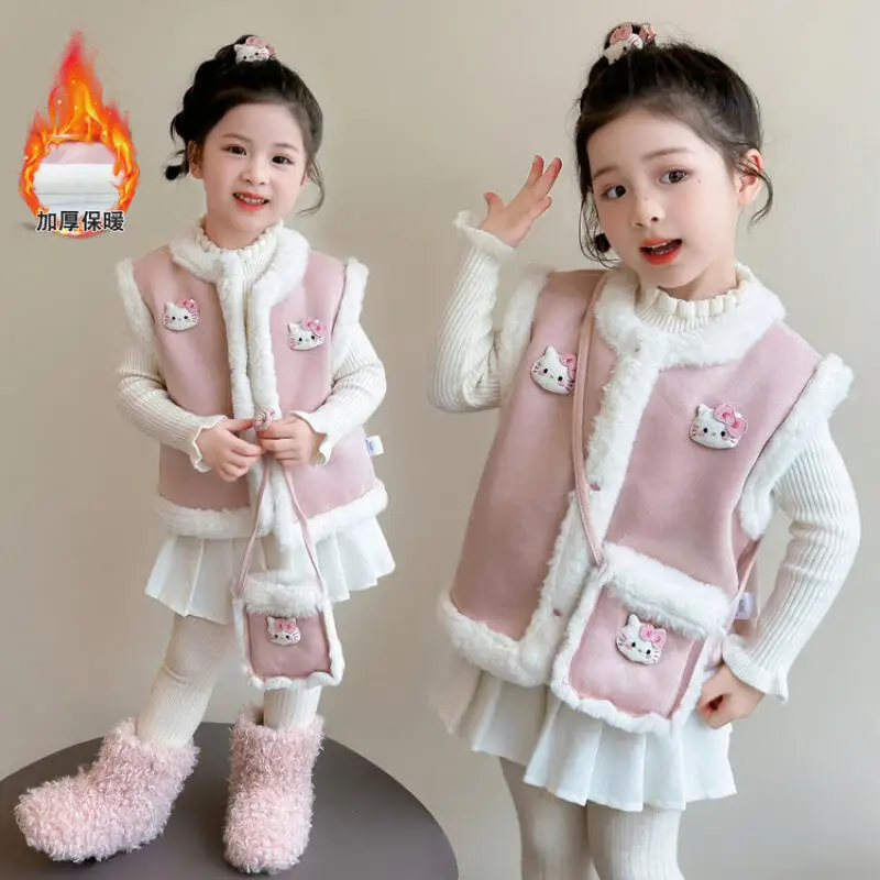 

Популярное пальто Sanrio для девочек «Hello Kitty Kawaii», модный аниме-модный осенне-зимний студенческий теплый жилет на флисовой подкладке, детская одежда