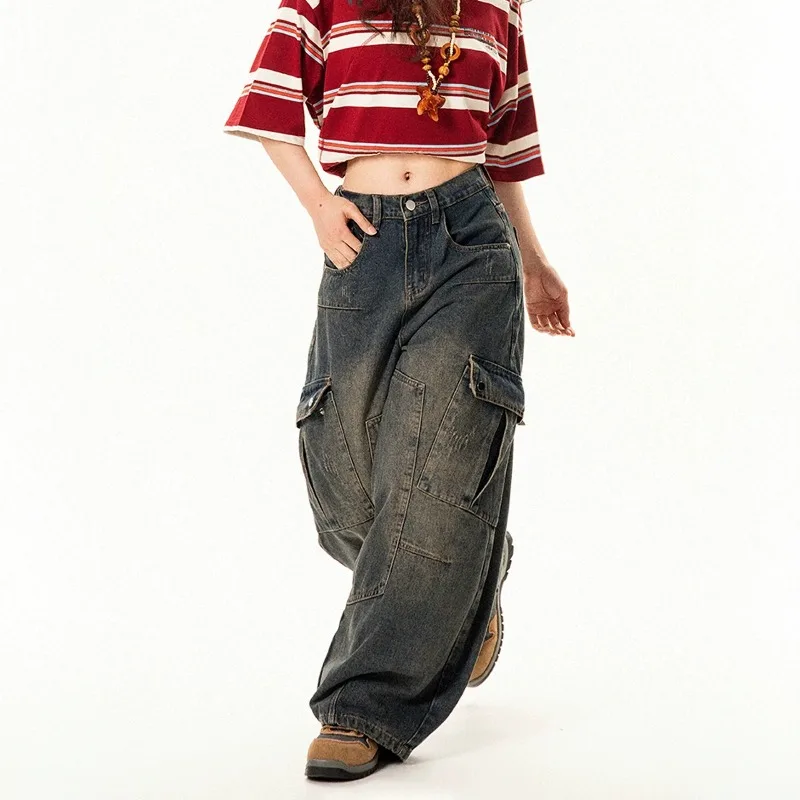 Unisex Vintage Baggy Cargo Jeans Retro Distressed Wide Leg Denim Pants Loose Oversize Casual Floor‑Length Trousers For Men Women