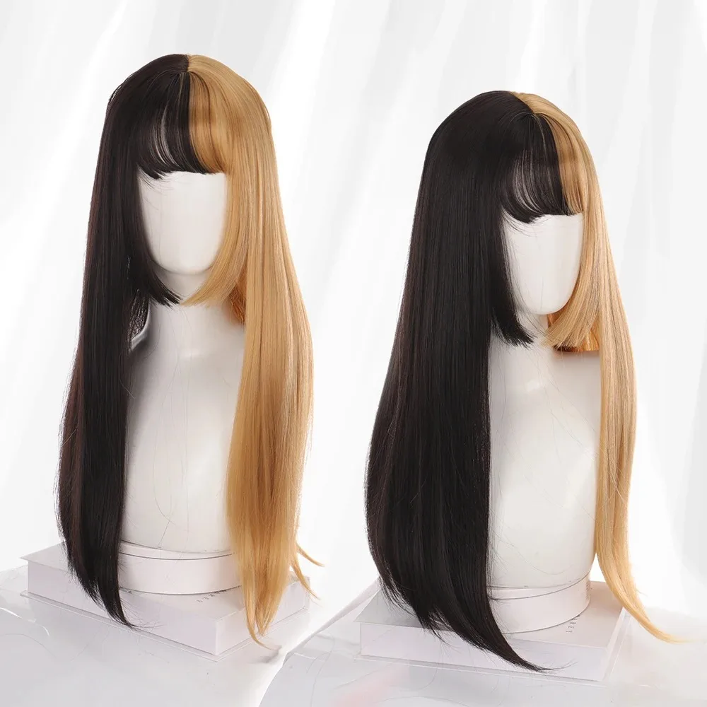 Syntetyczne czerwono-fioletowe peruki dla kobiet Hime cut Fringe Bangs Split Dye Halloween Party Cosplay items Wig Half and Half Color