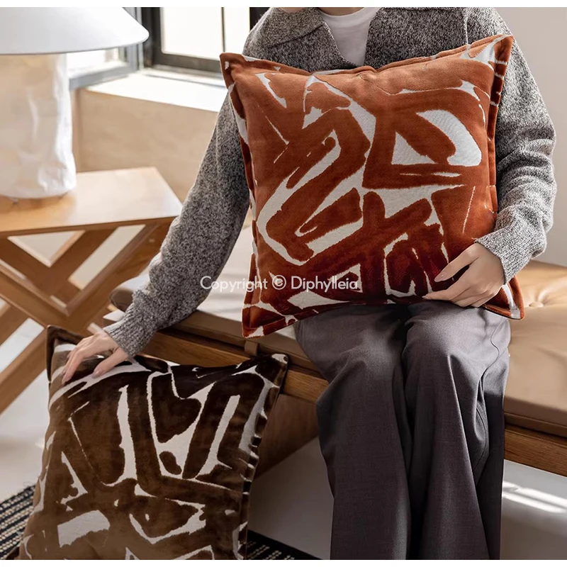 Diphylleia Terracotta Geometric Abstract Design Cushion Cover Contemporary Orange Cut Velvet Pillow Case 45x45cm Chic Home Decor