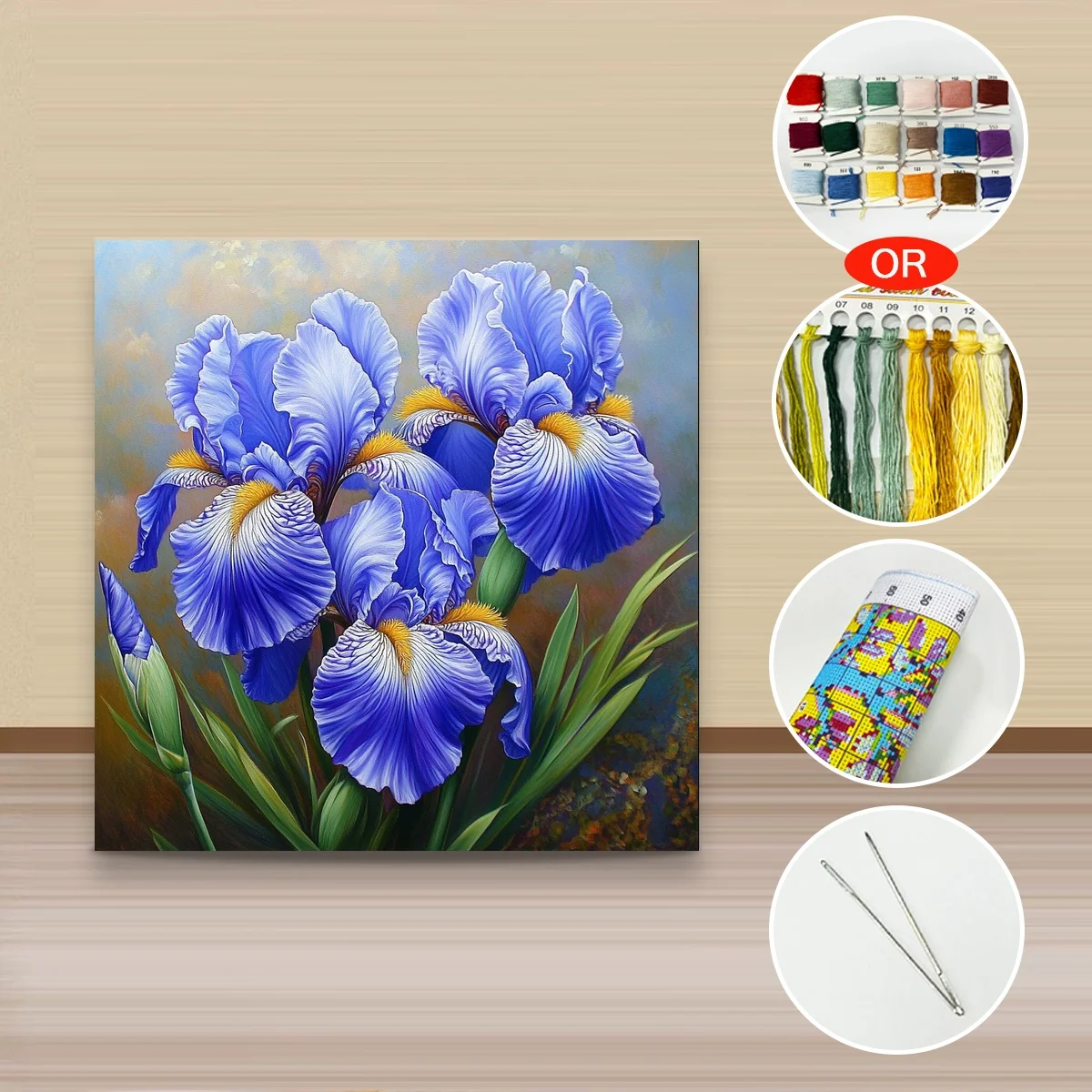 1 Stück 40x40 cm/15,74 Zoll, 11Ct/14Ct Kreuzstich-Set, DIY Valentinstagsgeschenk, Stickerei-Set für Festlichkeiten, Blaue Irisblumen – Detail 3