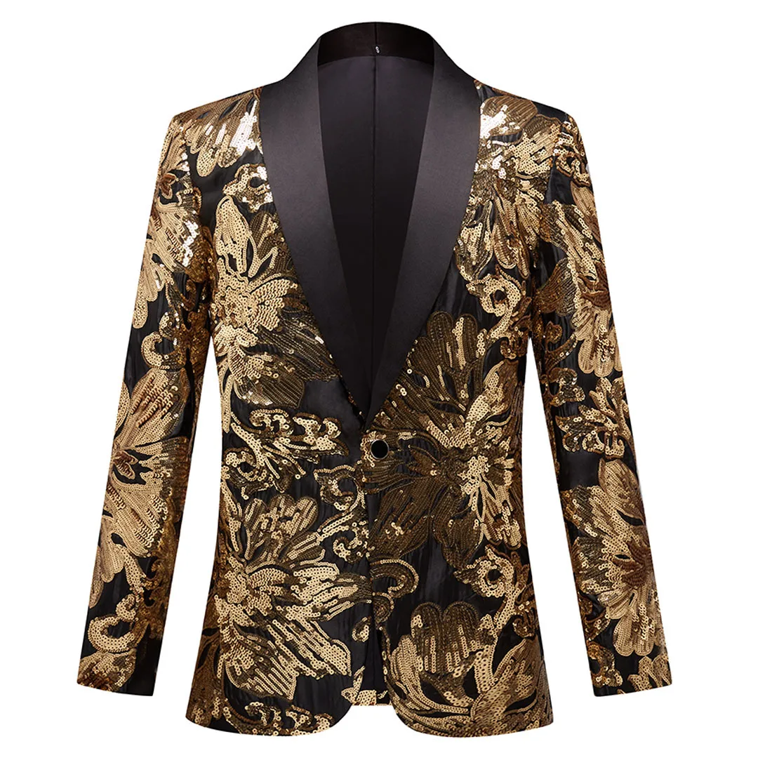 

British Style Slim Fit Blazer Men Shiny Gold Floral Sequins Suit Jacket Men Party DJ Club Wedding Stage Singer Costume Homme 3XL