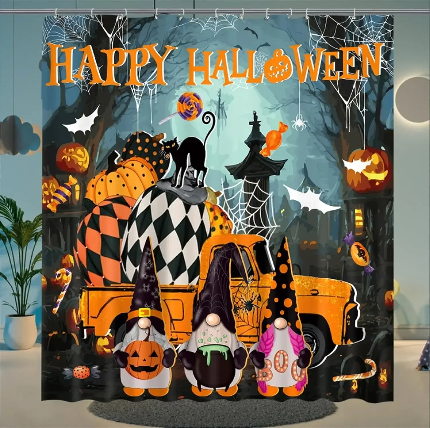 Halloween Shower Curtains Fun Cute Pumpkin Gnome Ghost Witch Spooky Fabric Shower Curtain Decor Halloween Party Favors Supplies