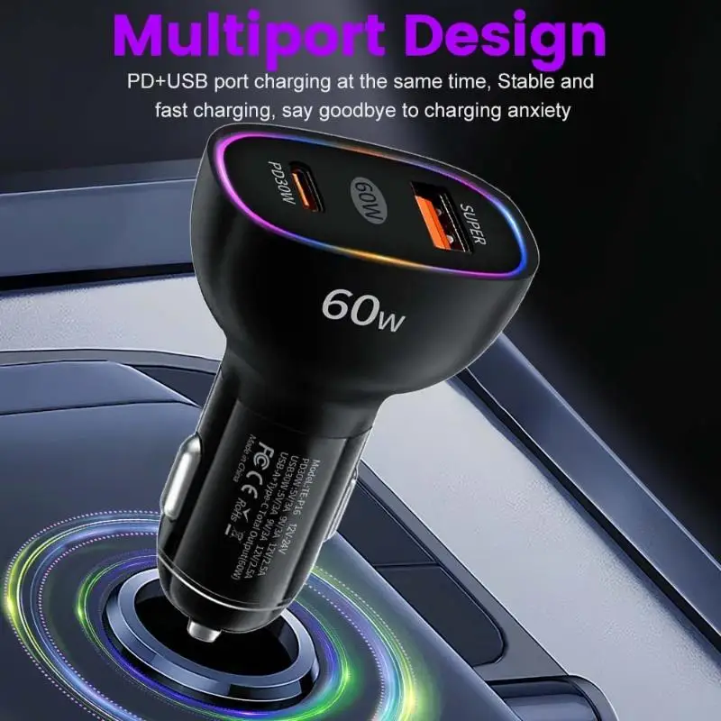 Car Charger 60W USB C Fast Charger PD30W QC3.0 Dual Port Adapter Quick Charge 3A For Mobile Phones Tablets