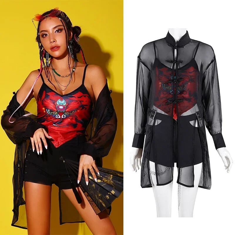 

2024 Kpop Korean Women Group Nightclub Stage Performance Costumes Mesh Jacket Sling Vest Black Shorts Jazz Dance Outfits XH1104