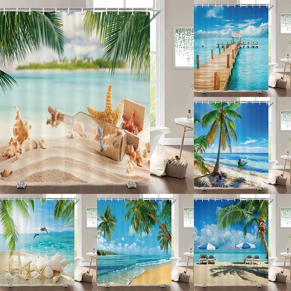 

1 pc Beach seascape polyester shower curtain waterproof fabric, thickened anti mold partition curtain, bathroom curtain